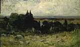 Edward Mitchell Bannister landscape, fields with rocks and trees painting